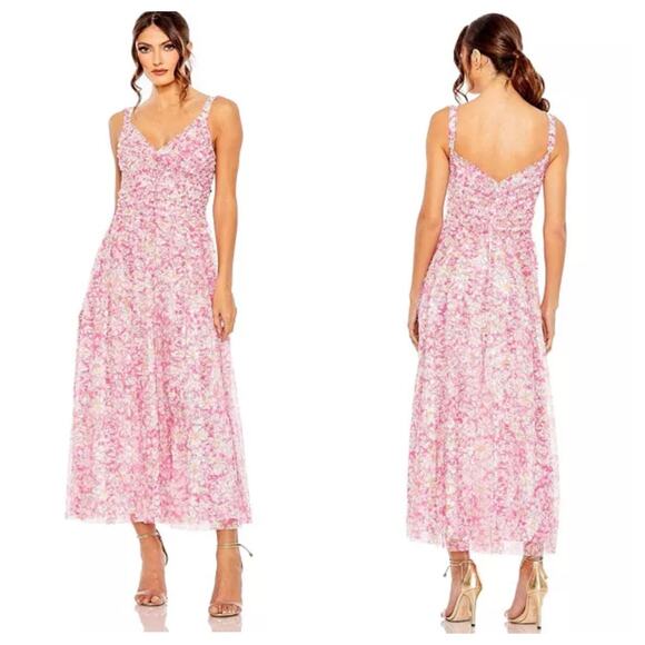 Mac Duggal 8012 V-Neck Floral A-line Long Dress Sleeveless Pink Multi Size 4 NWT